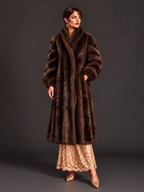 Vintage Faux Mink Full Length Fur Coat Sable Brown Cognac Shading XL